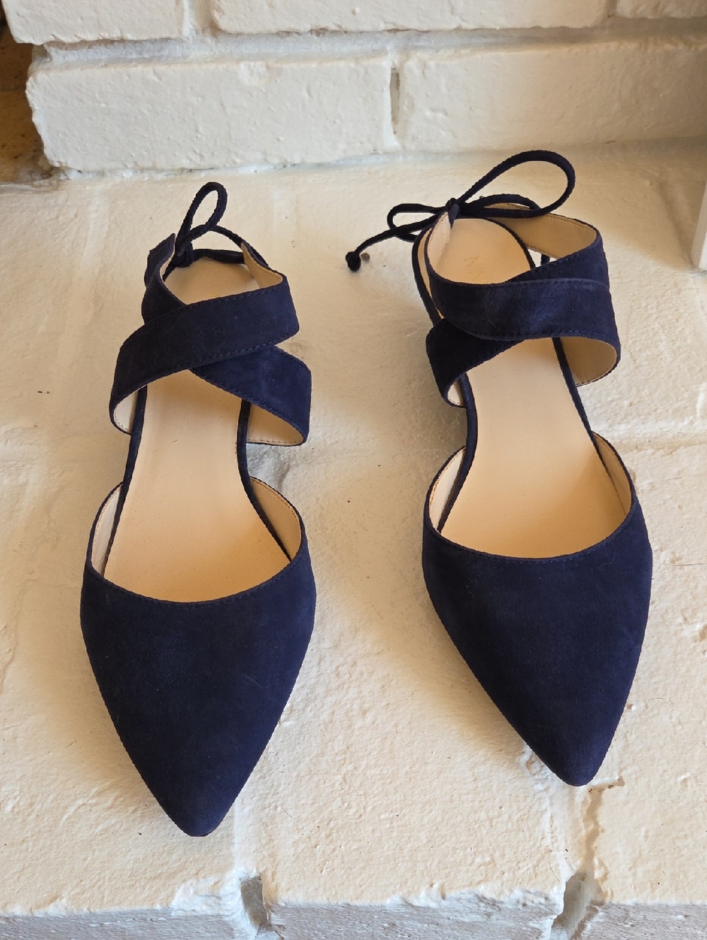Nine West Navy Suede Pointed-Toe Ankle Tie Flats